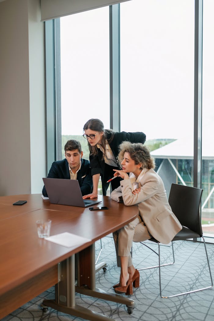 Business team of adults collaborating around a laptop during a meeting in a modern office.